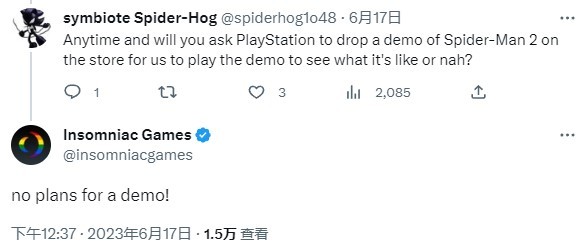 官方确认PS5《漫威蜘蛛侠2》没有试玩版